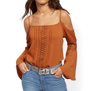 Rust crochet cold shoulder bell sleeve top
